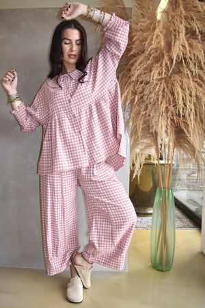 Annie Gingham Peter Pan Smock Blouse Soft Coral